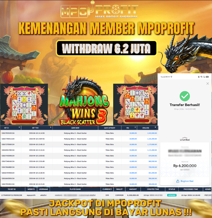 MPOPROFIT JACKPOT SLOT PRAGMATIC PLAY! KEMENANGAN MURNI DI (MAHJONG WINS 3 BLACK SCATTER  TOTAL RP 6.200.000,- LUNAS)